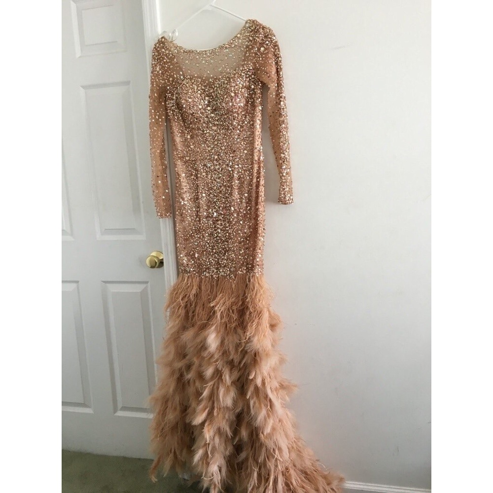 champagne/gold terani couture dress with feathers